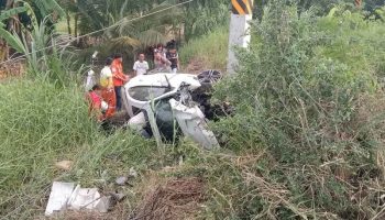 Женщина не пострадала после того, как BMW врезался в столб электропередачи