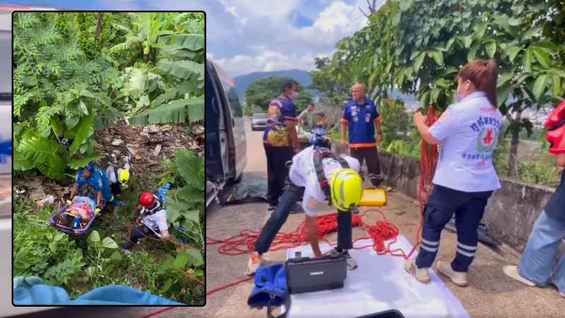 Мотоциклистка вылетела за ограждение на горной дороге к югу от Патонга