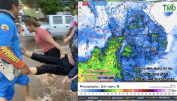 Мотоциклистку ударило током на затопленном шоссе в Сураттхани