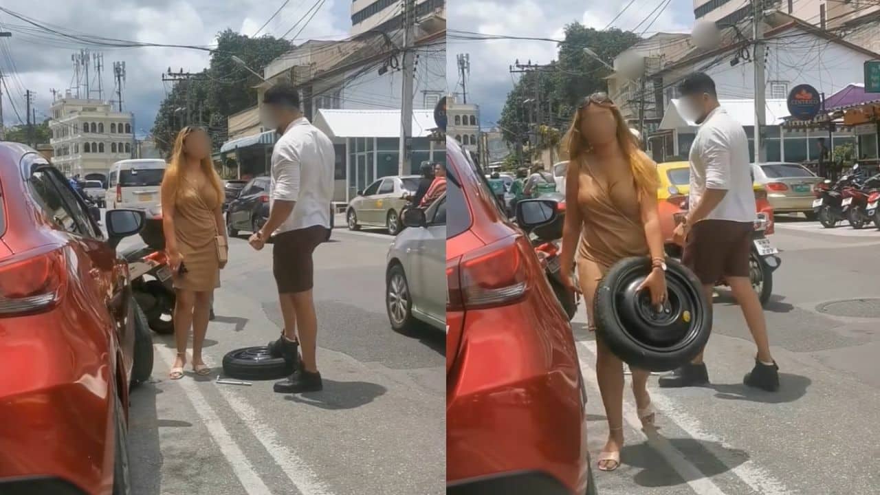 Мужчина из Туниса пытается поменять зажатую шину, но его ловят на месте преступления