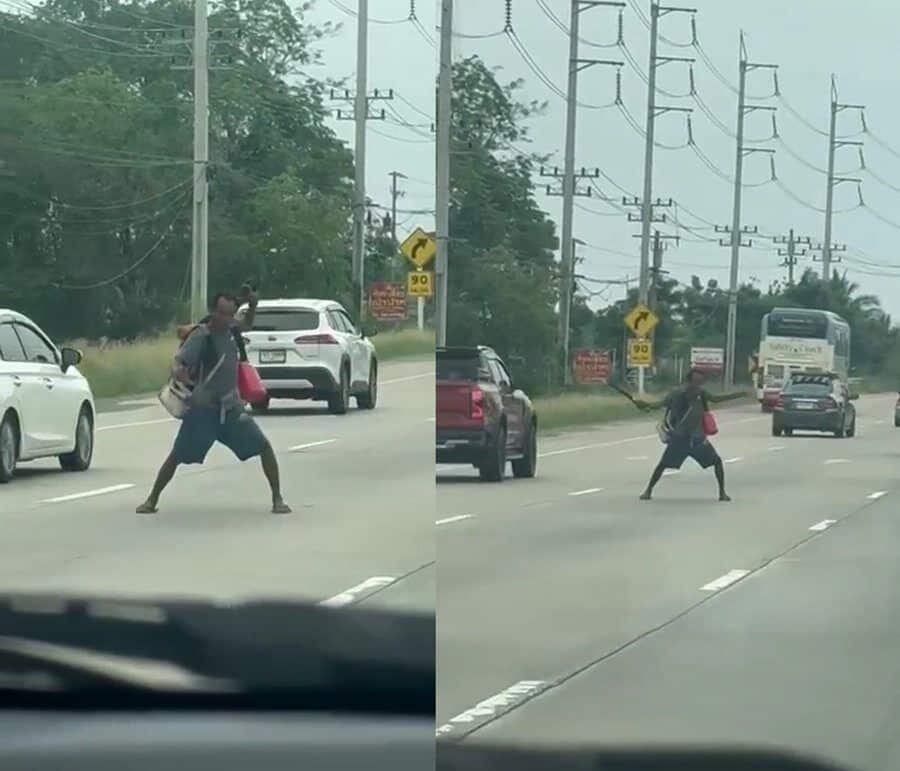 Танец бездомного с боевыми искусствами останавливает движение на тайской дороге