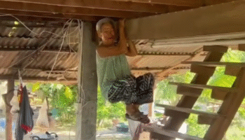 Тайская бабуля запрыгивает на потолочную балку, чтобы спастись от змеи