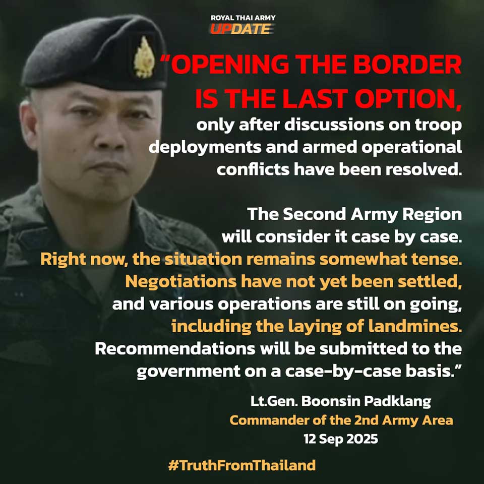 Тайланд сохраняет закрытыми границы на фоне напряженной военной ситуации, сообщает командующий Второй армией.