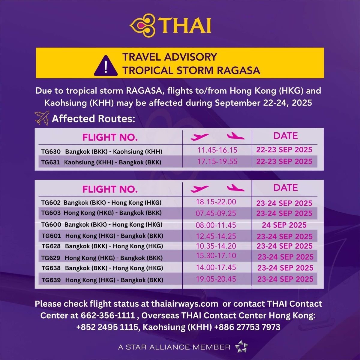 Thai Airways предупреждает о disruptions рейсов из-за тайфуна Рагаса