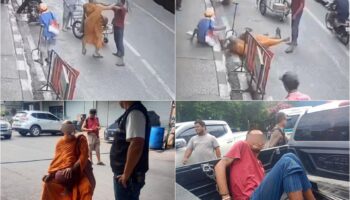 Вне рынка Пак Крет вспыхнула драка между монахом и мужчиной