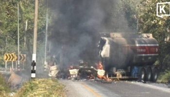 Авария нефтяного танкера вызывает пожар на горной дороге Кората