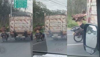 Один шаг от смерти: Велосипедист хватается за грузовик на дороге Пхукета