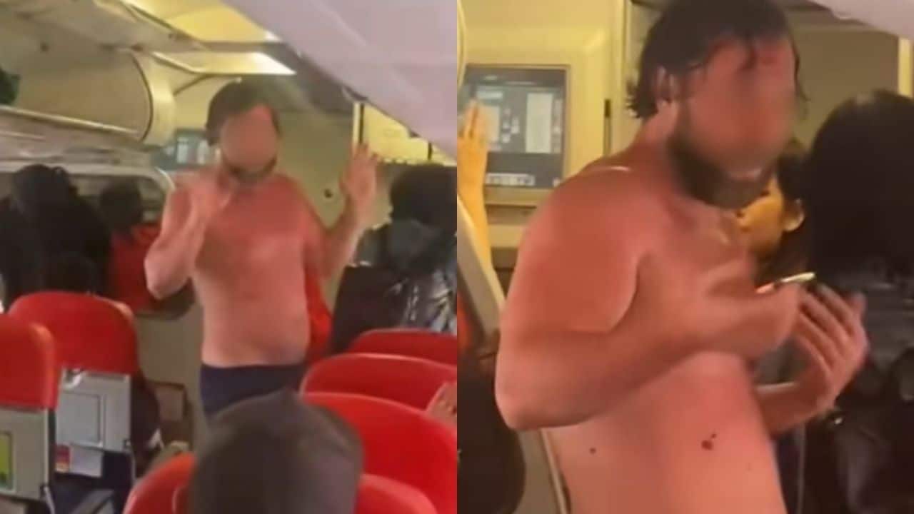 Российский мужчина выпрыгивает из самолета после посадки в аэропорту Бангкока