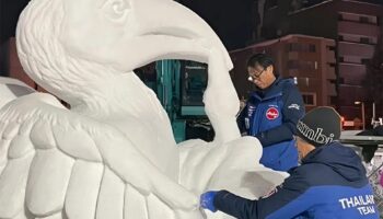 Таиланд демонстрирует охрану дикой природы на Саппоро Снежном Фестивале с雪雕 из рогатого райского птицы