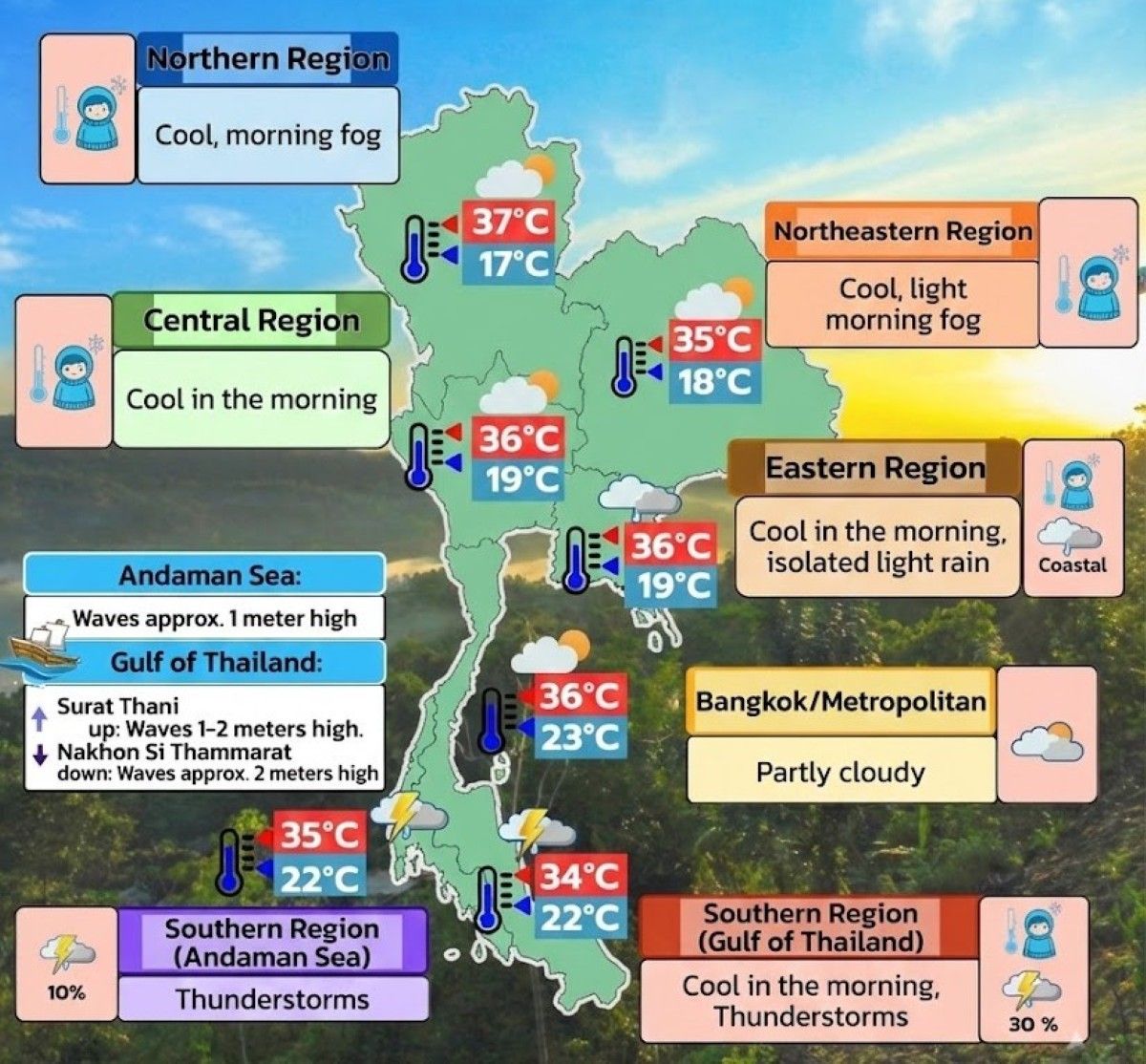 Февраль 16 погода: Прохладные утры на севере, больше дождя на юге Таиланда