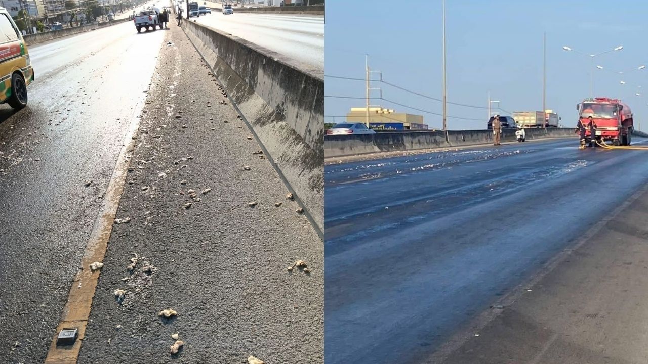 Разлив свиного жира приводит к тому, что 5 автомобилей скользят и врезаются на мосту Накхонпатома